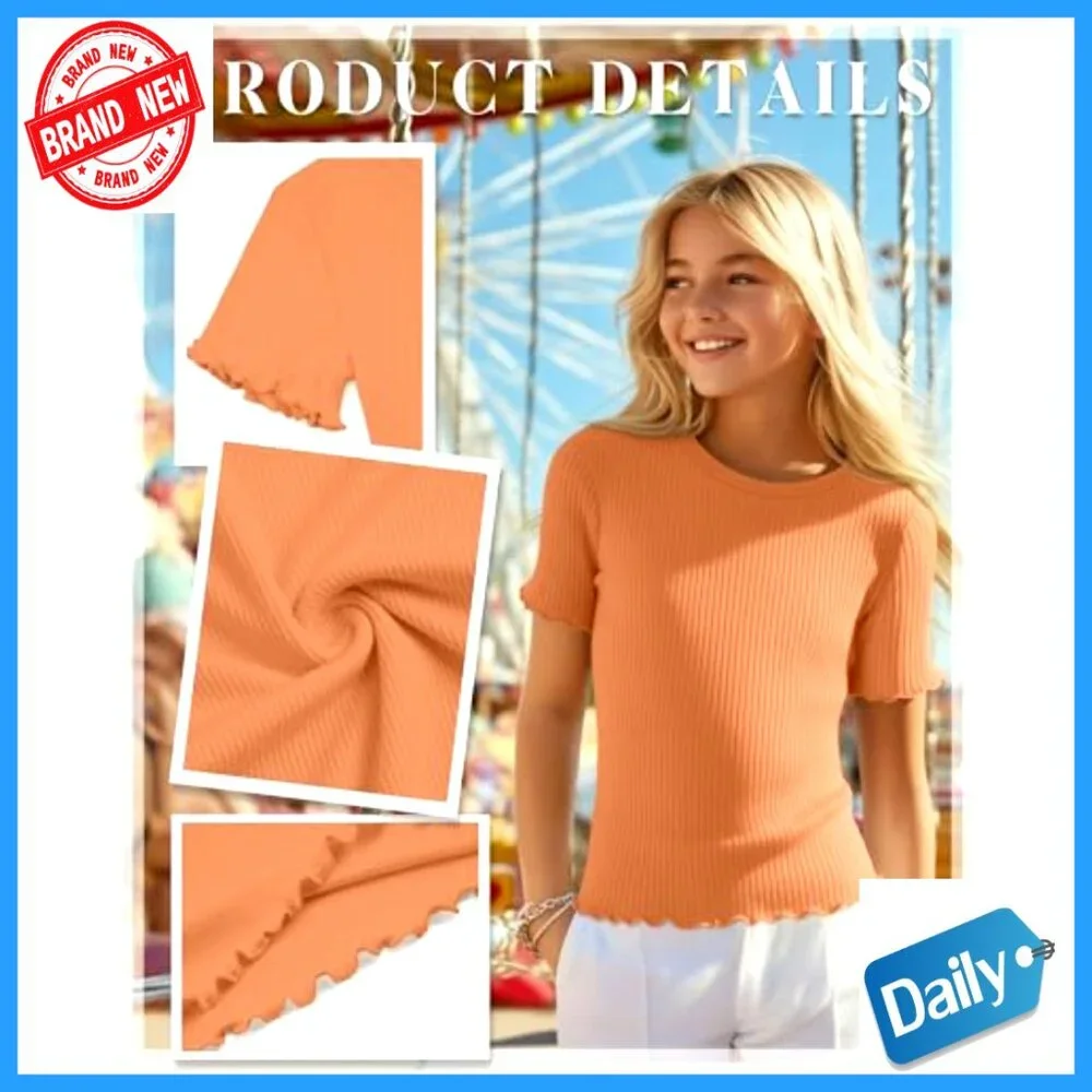 Girls' 3 Pack Ribbed Short Sleeve Tees Crew Neck Lettuce Trim Tops